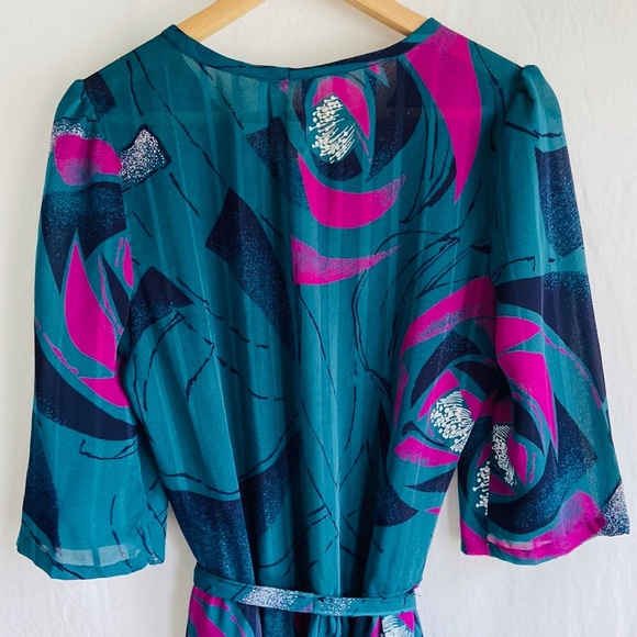 Vintage 1970s Teal & Purple Day Dress Sz 8 - Picture 4 of 6